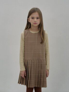Plaid & Pleated Fall Dress - Beige - Sizes 2-5Y